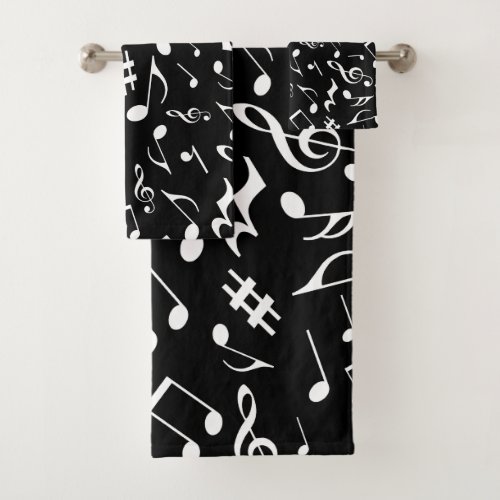 Classic and Simple White Music Notes on Black Bath Towel Set