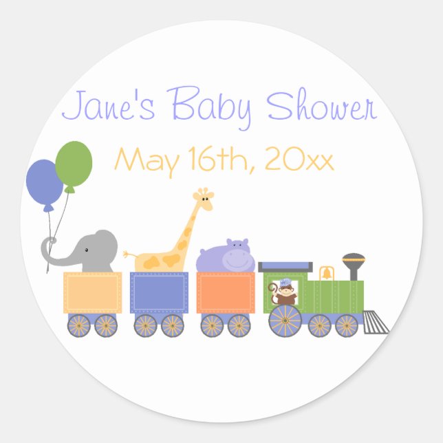 Classic Animals On A Train Baby Shower Sticker (Front)
