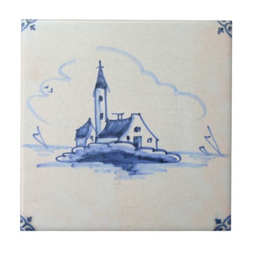 Classic Antiquarian Delft Blue Tile _ Church