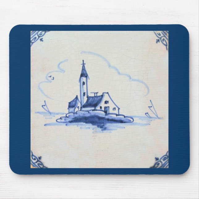 Classic Antiquarian Delft Blue Tile - Church Mouse Pad (Front)