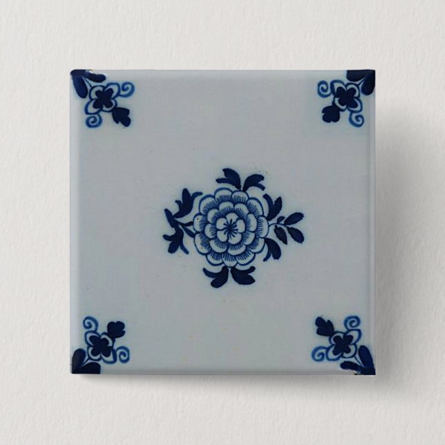 Classic Antiquarian Delft Blue Tile - Floral Motif Button (Front)