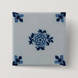 Classic Antiquarian Delft Blue Tile - Floral Motif Button