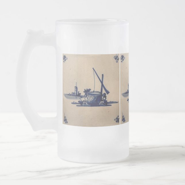 Classic Antiquarian Delft Blue Tile - Water Well Frosted Glass Beer Mug (Left)