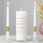 Classic Antique Gold Monogram Wedding Unity Candle Set<br><div class="desc">Classic antique gold wedding unity candle set showcasing the couple's names in polished spaced lettering with a script "and." "United in Marriage" is displayed in elegant script above a decorative scroll flourish and wedding date. Monogram initial bands adorn each taper candle. A beloved and timeless ceremony keepsake with all text...</div>