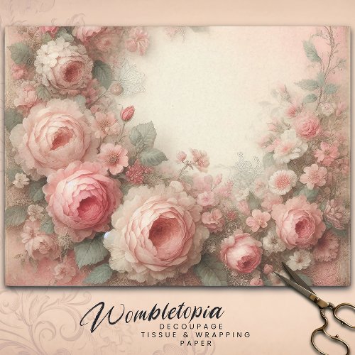Classic Antique Pastel Pink Rose  Floral Decoupage Tissue Paper