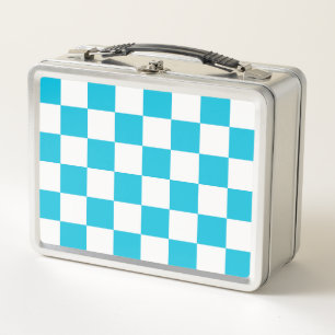 Classic aqua blue checkerboard metal lunch box