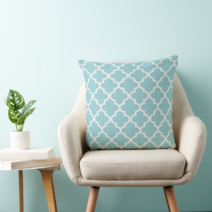 Classic Aqua Blue White Quatrefoil Trellis Throw Pillow