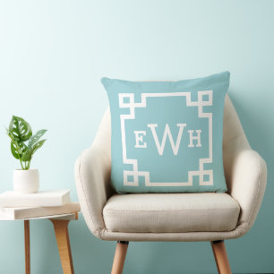 Classic Aqua Greek Key Monogram Initial Throw Pillow