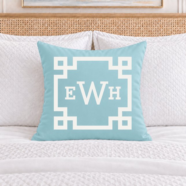 Classic Aqua Greek Key Monogram Initial Throw Pillow (Creator Uploaded)