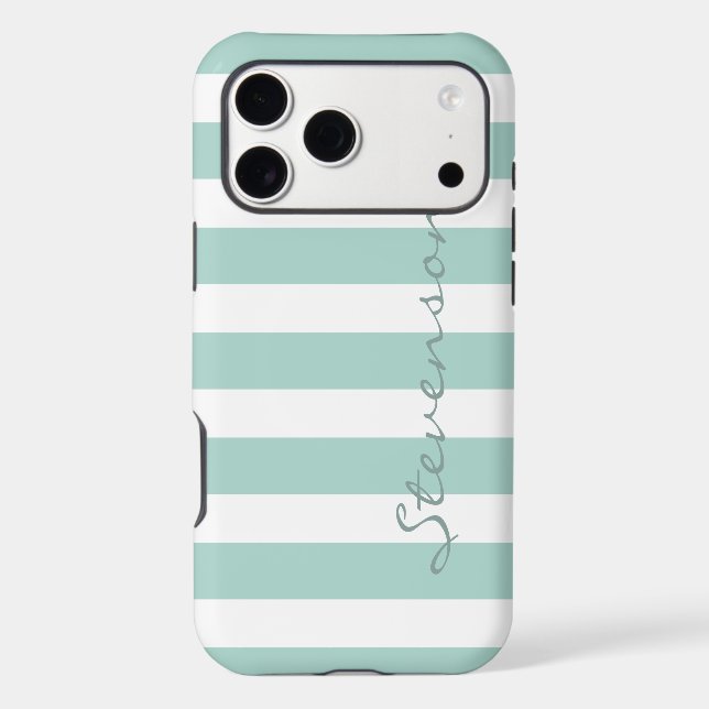 Classic Aqua Mint Stripes Pattern Monogrammed Iphone Case (Back)