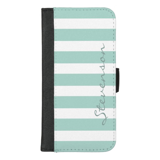 Classic Aqua Mint Stripes - Personalized Name iPhone Wallet Case (Front)