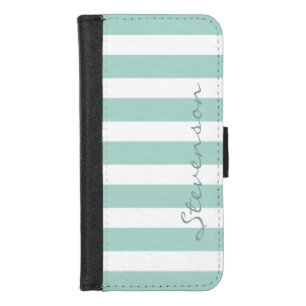 Classic Aqua Mint Stripes - Personalized Name iPhone 8/7 Wallet Case