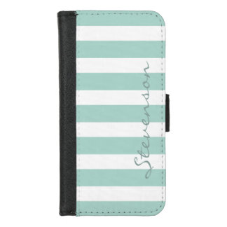 Classic Aqua Mint Stripes - Personalized Name iPhone 8/7 Wallet Case