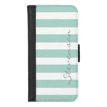 Classic Aqua Mint Stripes - Personalized Name Iphone 8/7 Wallet Case by CityHunter at Zazzle