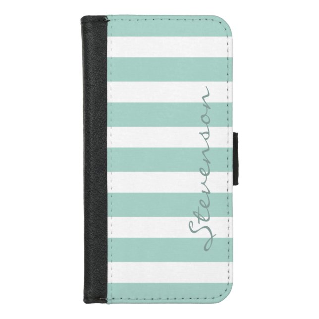 Classic Aqua Mint Stripes - Personalized Name iPhone Wallet Case (Front)