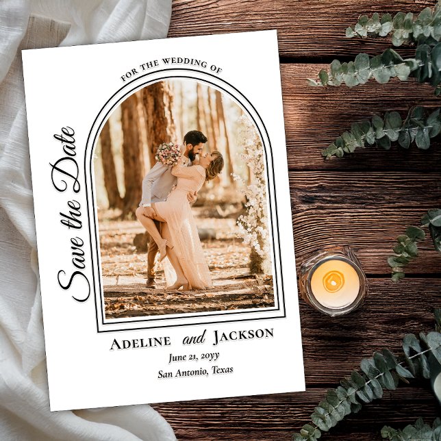 Classic Arch Photo Wedding Save the Date Letterpress Photo Cards (Elegant Arched Photo Modern Script Text Save the Date Wedding Letterpress Photocard Announcement)
