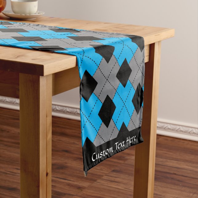 Classic Argyle Blue Black Diamond Personalized Short Table Runner (In Situ)