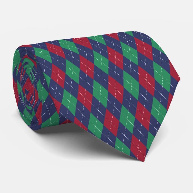 Classic Argyle Blue Red Green Christmas Neck Tie (Rolled)