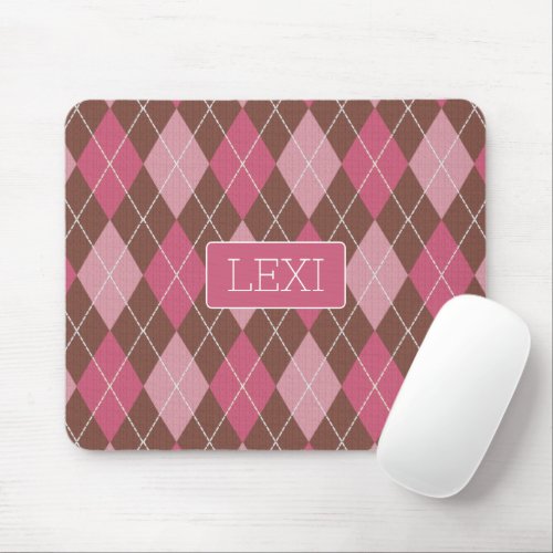 Classic Argyle Brown  Pink Diamond Pattern  Name Mouse Pad