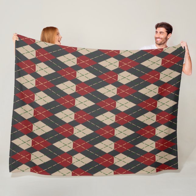 Classic Argyle Pattern Fleece Blanket in Burgundy  (In Situ)