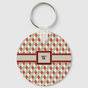 Classic Argyle, Red Tan Green Cream Monogrammed Keychain