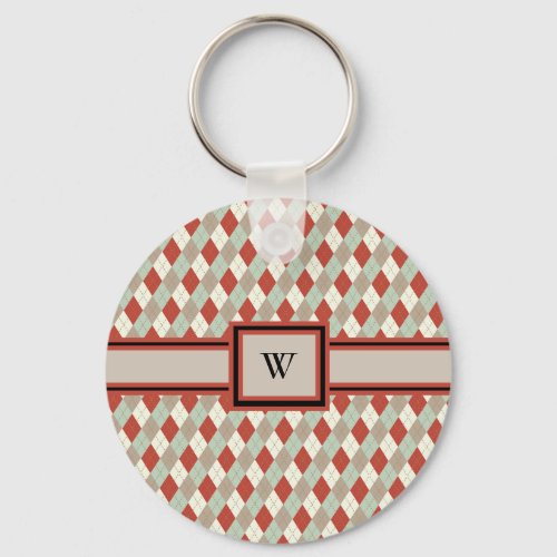 Classic Argyle Red Tan Green Cream Monogrammed  Keychain