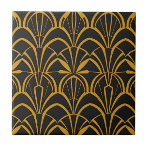 Classic Art Deco Fan Pattern Black Gold Roaring  Ceramic Tile