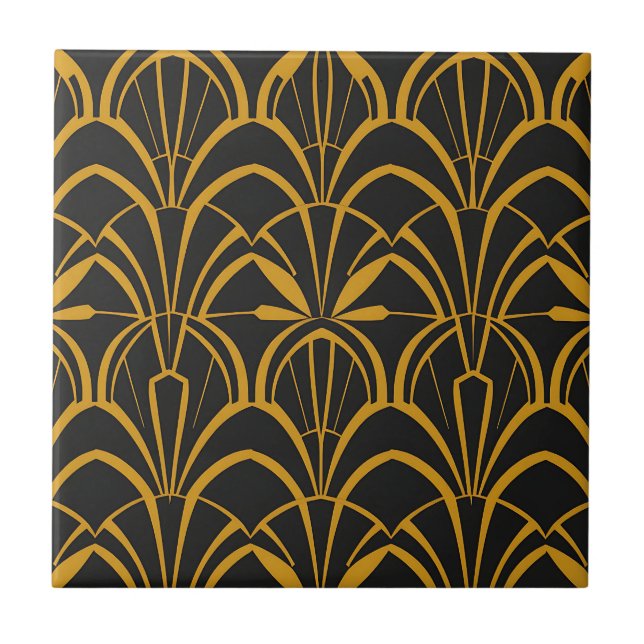 Classic Art Deco Fan Pattern Black Gold Roaring  Ceramic Tile (Front)