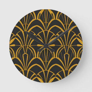 Classic Art Deco Fan Pattern Black Gold Roaring Round Clock