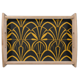 Classic Art Deco Fan Pattern Black Gold Roaring  Serving Tray