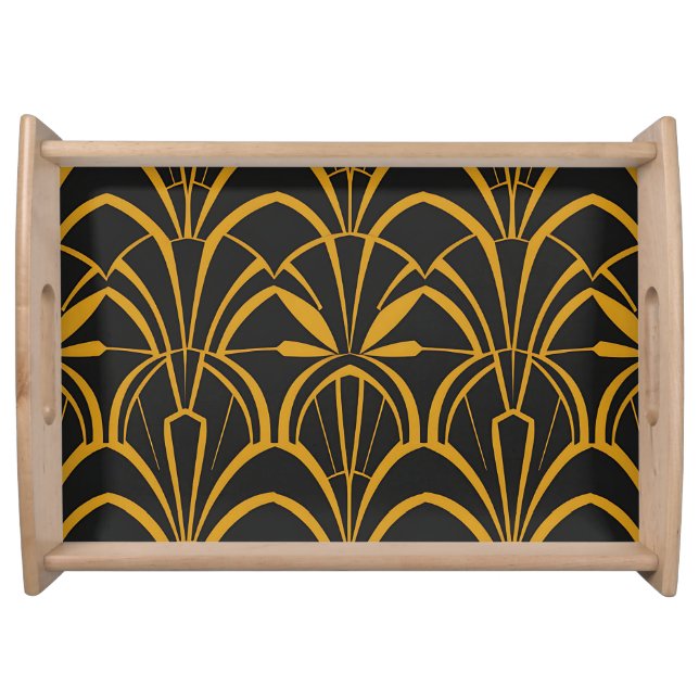 Classic Art Deco Fan Pattern Black Gold Roaring  Serving Tray (Front)