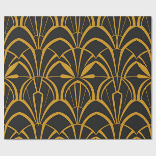 Classic Art Deco Fan Pattern Black Gold Roaring Wrapping Paper