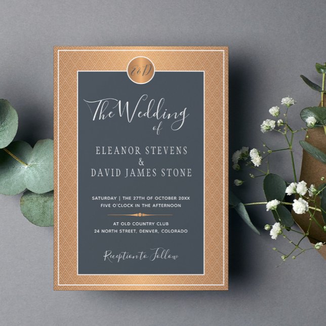 Classic Art Deco glam navy copper gold wedding Invitation (Creator Uploaded)