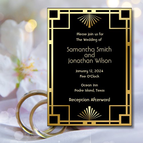 Classic Art Deco Gold on Black Wedding Invitation 