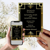 Classic Art Deco Gold on Black Wedding Invitation 