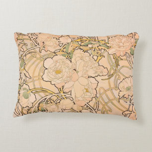 Classic Art Nouveau Peony Garden Pattern by Mucha Accent Pillow