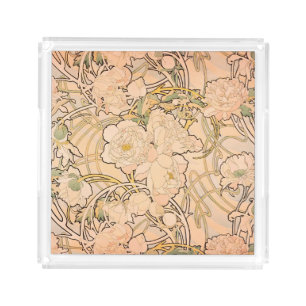Classic Art Nouveau Peony Garden Pattern by Mucha Acrylic Tray