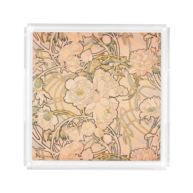 Classic Art Nouveau Peony Garden Pattern by Mucha Acrylic Tray (Front)