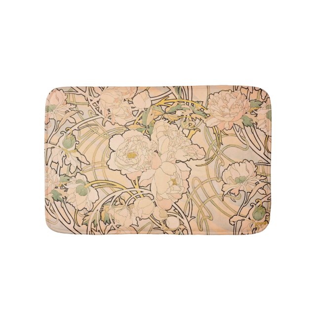 Classic Art Nouveau Peony Garden Pattern by Mucha Bath Mat (Front)