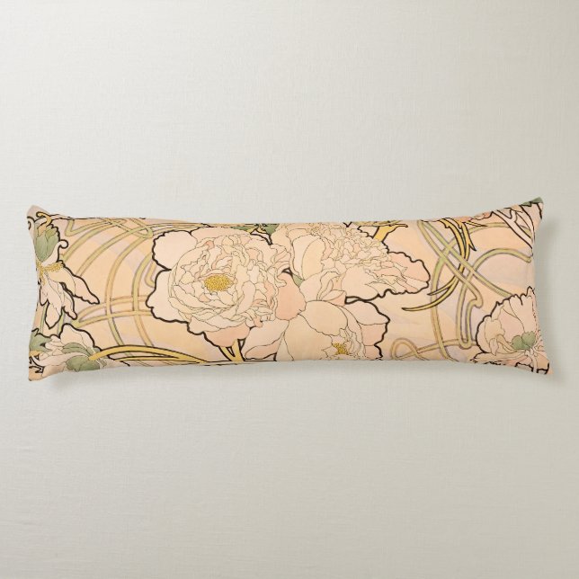 Classic Art Nouveau Peony Garden Pattern by Mucha Body Pillow (Back)