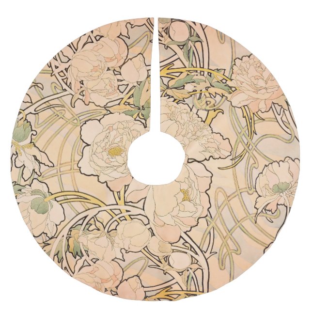Classic Art Nouveau Peony Garden Pattern by Mucha Brushed Polyester Tree Skirt (Front)
