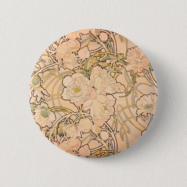 Classic Art Nouveau Peony Garden Pattern by Mucha Button (Front)