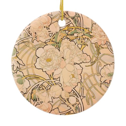Classic Art Nouveau Peony Garden Pattern by Mucha Ceramic Ornament