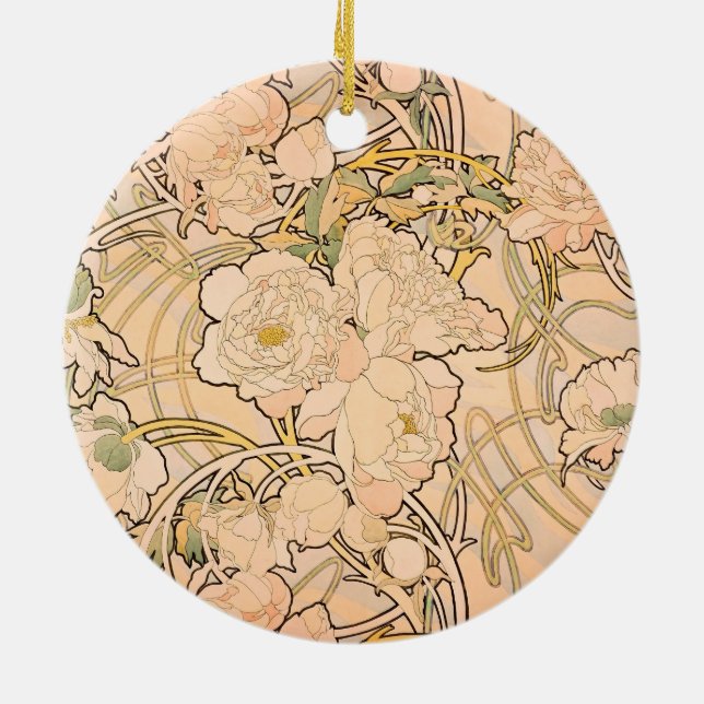 Classic Art Nouveau Peony Garden Pattern by Mucha Ceramic Ornament (Back)