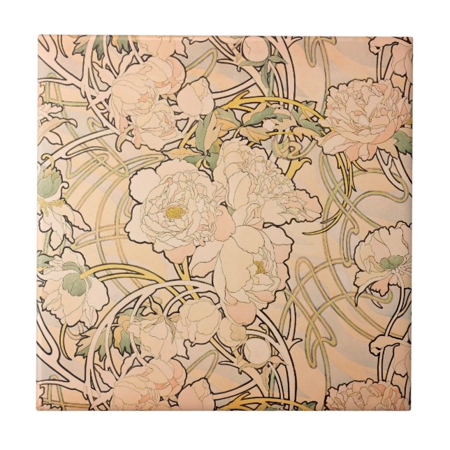 Classic Art Nouveau Peony Garden Pattern by Mucha Ceramic Tile (Front)
