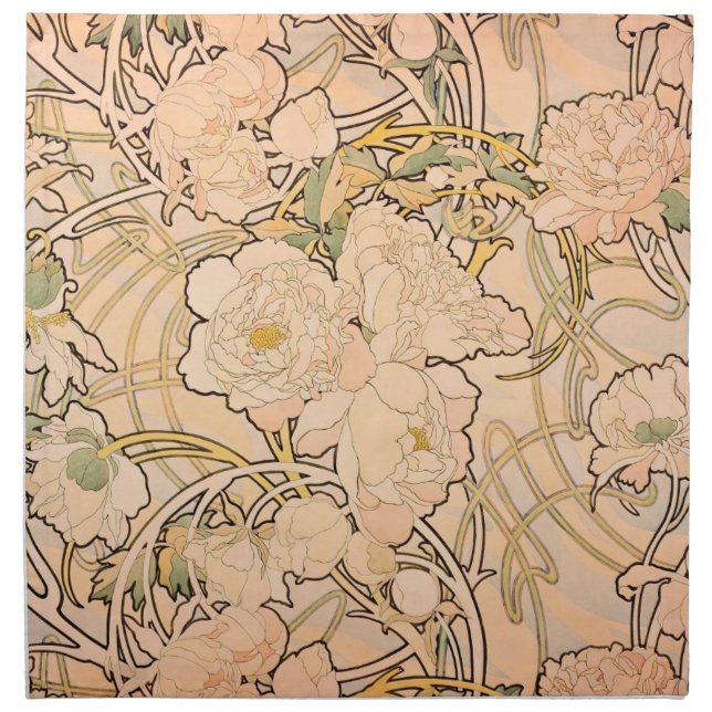 Classic Art Nouveau Peony Garden Pattern by Mucha Cloth Napkin (Front)