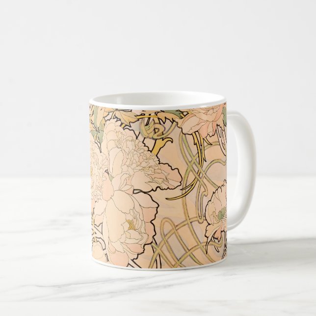 Classic Art Nouveau Peony Garden Pattern by Mucha Coffee Mug (Front Right)