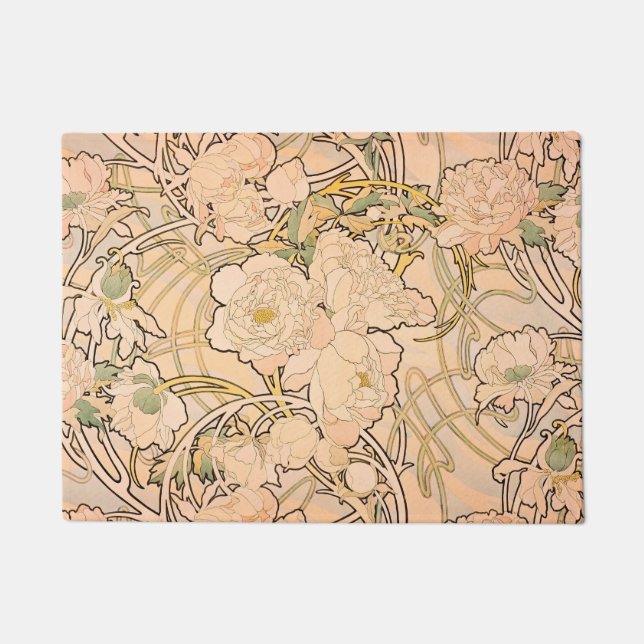 Classic Art Nouveau Peony Garden Pattern by Mucha Doormat (Front)