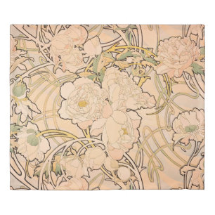 Classic Art Nouveau Peony Garden Pattern by Mucha Duvet Cover