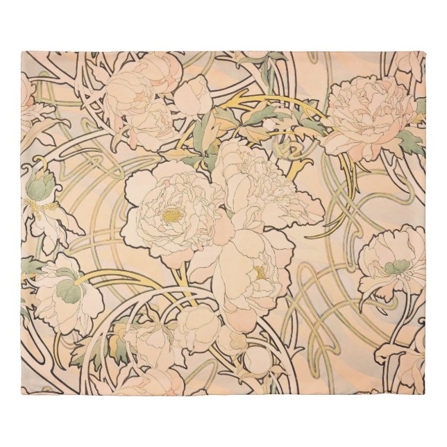 Classic Art Nouveau Peony Garden Pattern by Mucha Duvet Cover (Front)